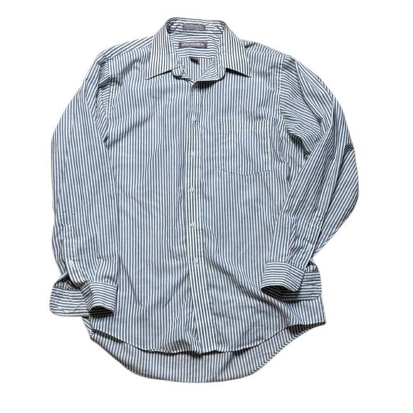 80s Vintage Van Heusen Grey and White Striped Button Down Shirt 16 34/35 - Picture 1 of 7